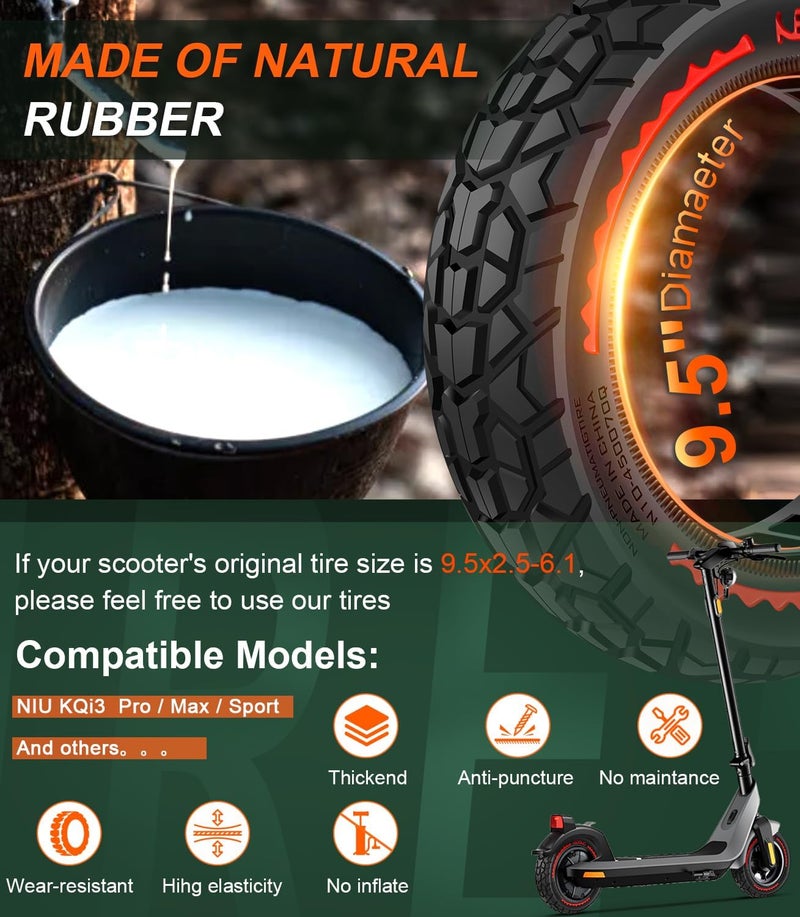 BANGTING 2 Pack 9.5x2.5-6.1 Solid Scooter Tires - Puncture-Proof Tubeless Replacement for NIU KQi3 Pro/Max/Sport | Off-Road Grip & No-Flat Security (Red) - Image 3
